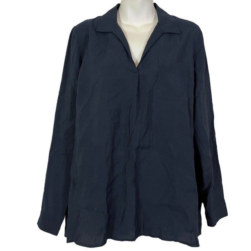 J Jill Womens Navy Blue V-Neck Collared Roll Tab Long Sleeve Tunic Top sz M